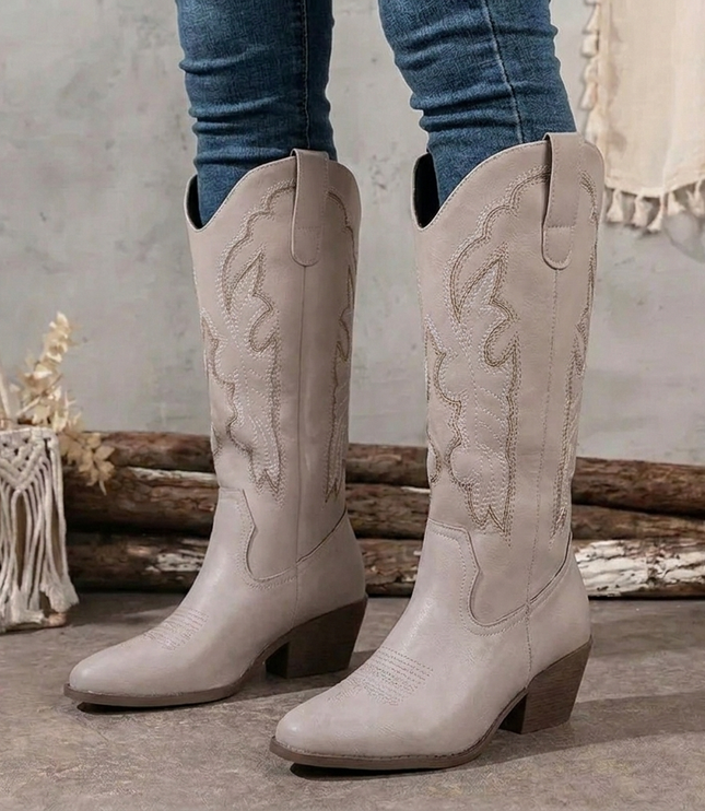 Women's Embroidered Western Knee-High Boots with Block Heel