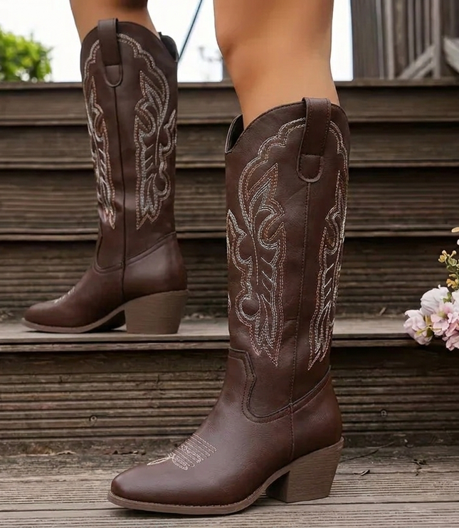 Women's Embroidered Western Knee-High Boots with Block Heel