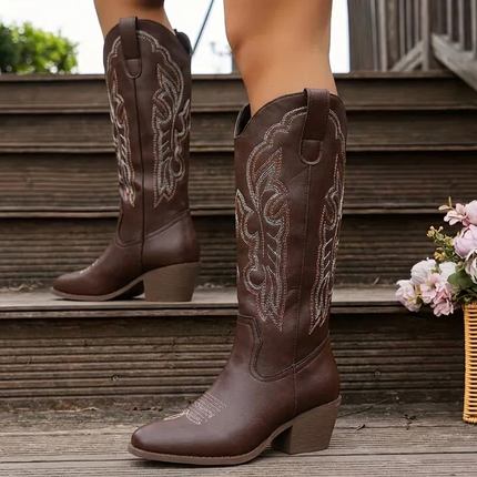 Women's Embroidered Western Knee-High Boots with Block Heel