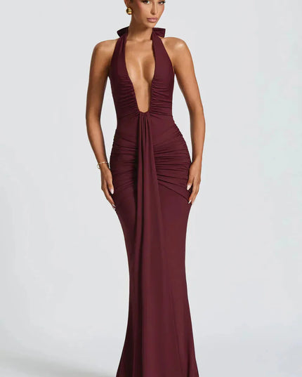 Burgundy halter v-neck ruched maxi dress full length view