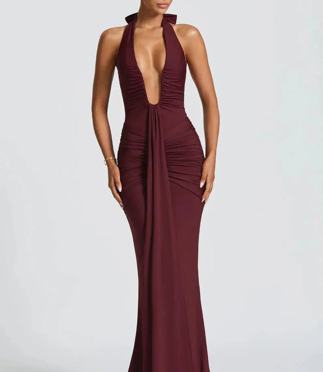 Burgundy halter v-neck ruched maxi dress full length view