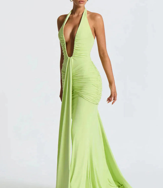Lime green halter plunge v-neck ruched maxi dress with flowing train