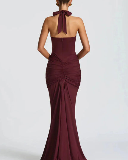 Burgundy halter maxi dress back view with tied neck closure