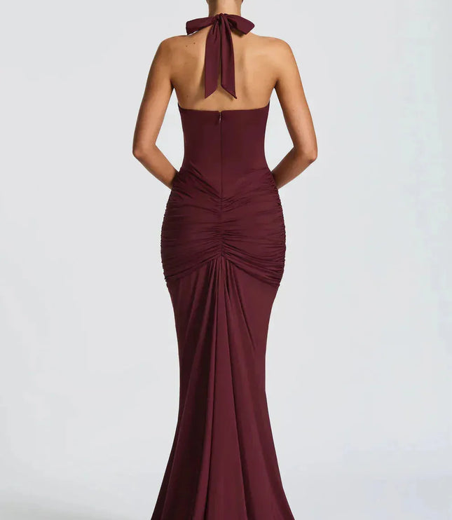Burgundy halter maxi dress back view with tied neck closure