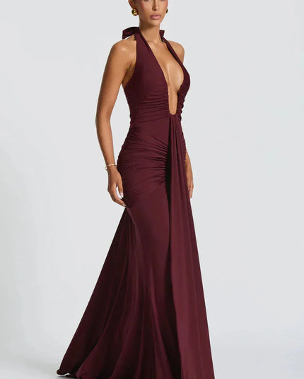 Burgundy halter ruched maxi dress with deep plunge neckline