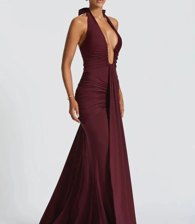 Burgundy halter ruched maxi dress with deep plunge neckline
