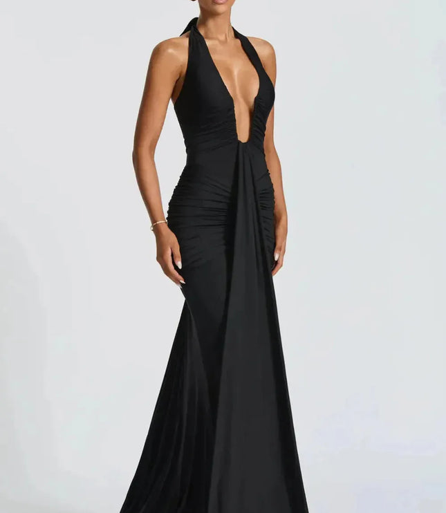 Black halter plunge v-neck ruched maxi dress with flowing train