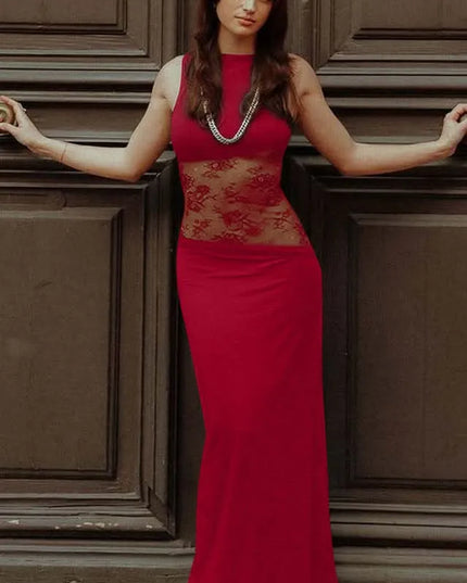 Red sleeveless maxi dress with lace cutout at waist, front view