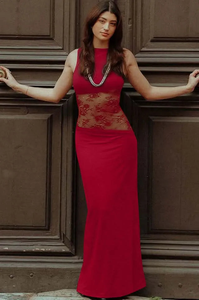 Women's Evening Maxi Dress with Lace Cutout Open Back - Red / L - Fashion