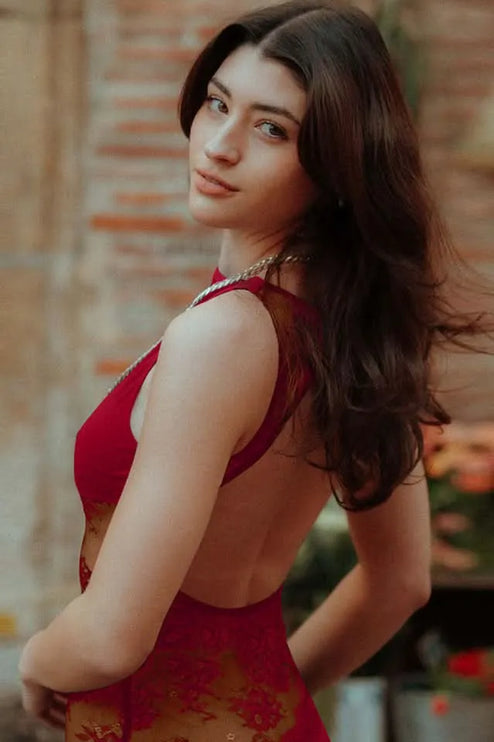 Burgundy sleeveless lace maxi dress with open back cutout detail