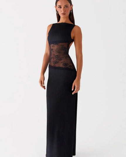Black sleeveless maxi dress with sheer lace waist panel, side view