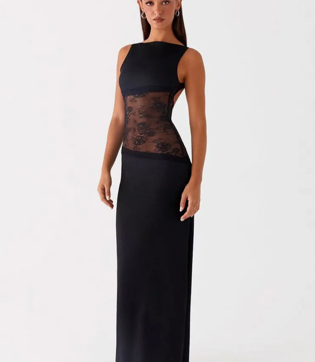 Black sleeveless maxi dress with sheer lace waist panel, side view