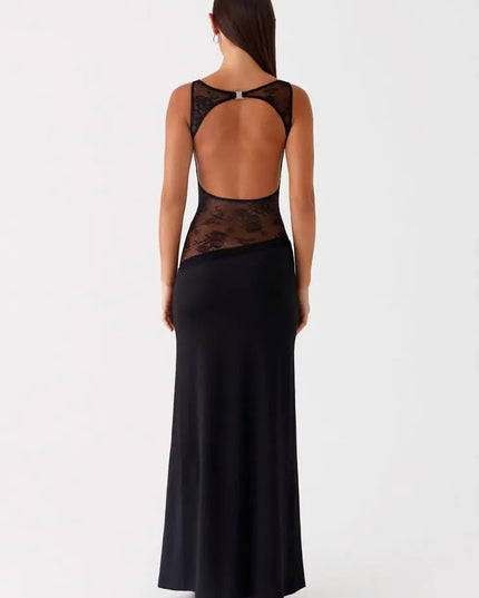 Black maxi dress with open back and lace cutout detail, rear view