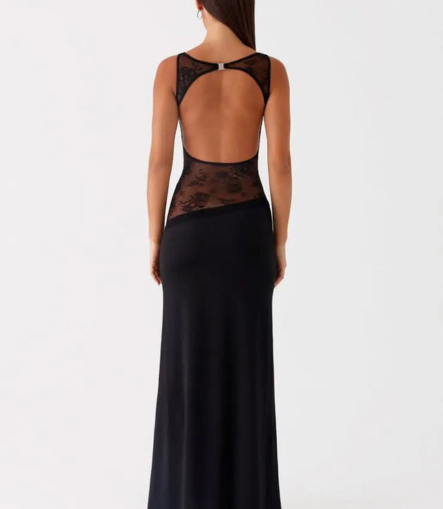 Black maxi dress with open back and lace cutout detail, rear view