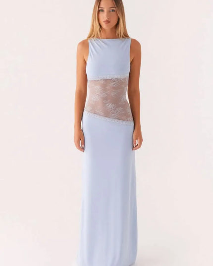 Light blue sleeveless maxi dress with lace cutout at waist, front view