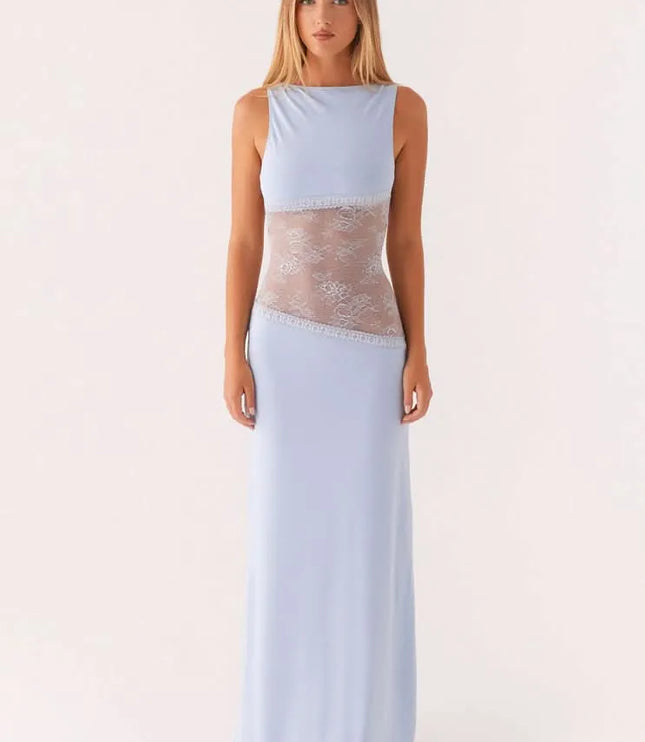 Light blue sleeveless maxi dress with lace cutout at waist, front view