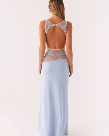 Light blue maxi dress with open back and lace cutout, rear view
