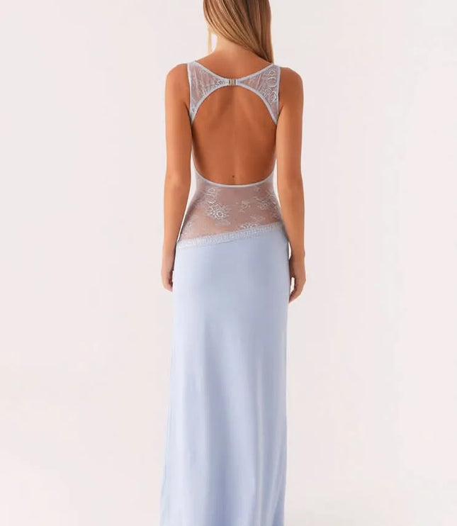 Light blue maxi dress with open back and lace cutout, rear view