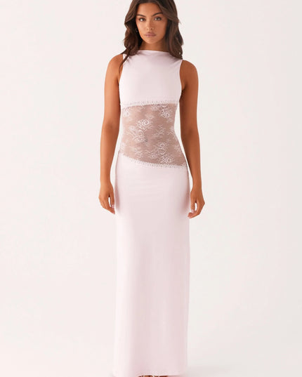 Pale pink sleeveless maxi dress with lace waist cutout, front view