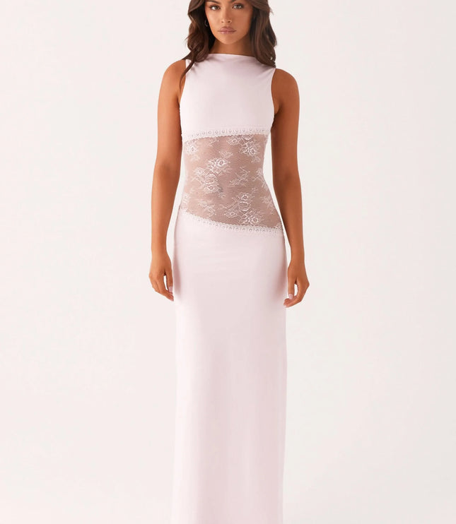 Pale pink sleeveless maxi dress with lace waist cutout, front view