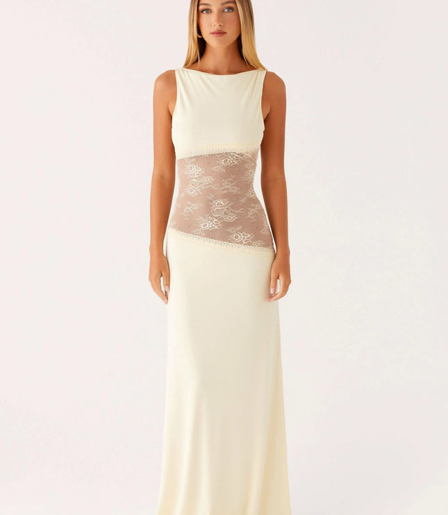 Cream sleeveless maxi dress with lace cutout at waist, front view