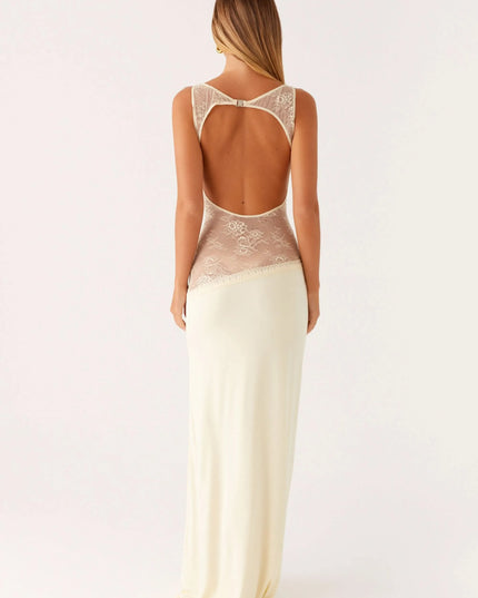 Cream maxi dress with open back and lace cutout, rear view
