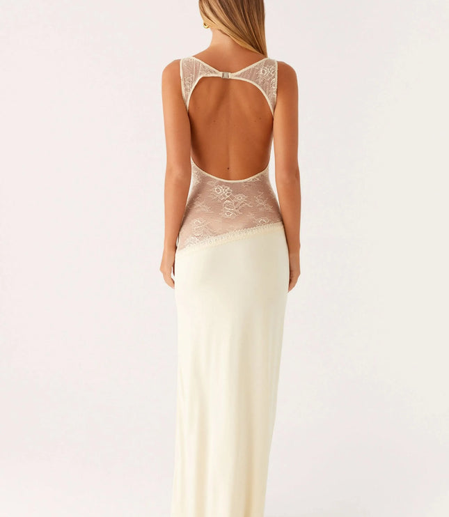 Cream maxi dress with open back and lace cutout, rear view