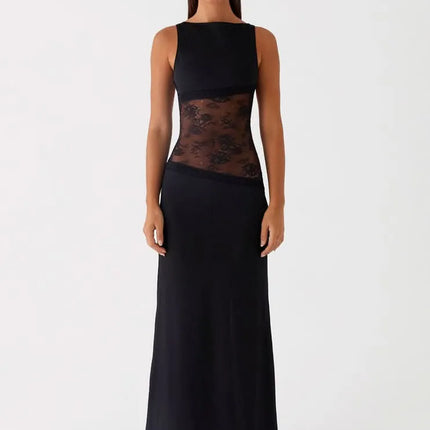 Black sleeveless maxi dress with lace cutout at waist, front view
