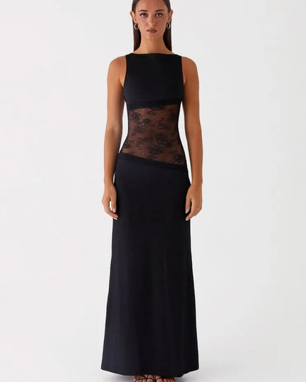 Black sleeveless maxi dress with lace cutout at waist, front view