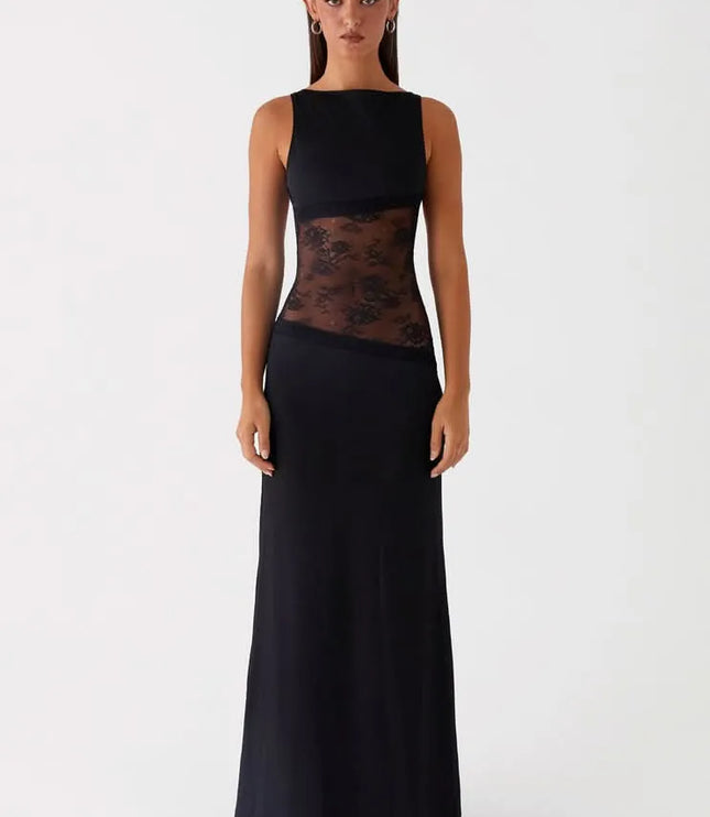 Black sleeveless maxi dress with lace cutout at waist, front view