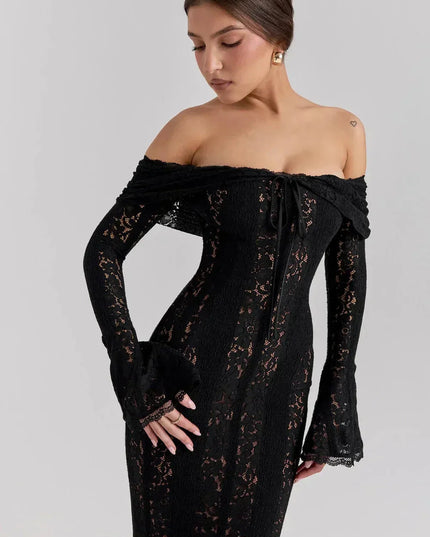 Off-shoulder black lace maxi dress with bell sleeves and sheer lace panels