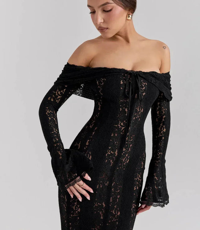 Off-shoulder black lace maxi dress with bell sleeves and sheer lace panels
