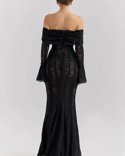 Back view of black lace off-shoulder maxi dress with long sleeves