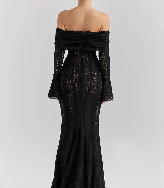 Back view of black lace off-shoulder maxi dress with long sleeves