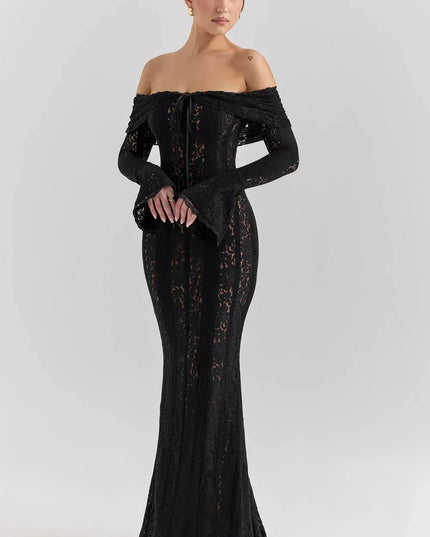 Black off-shoulder lace maxi dress with long fitted sleeves and train