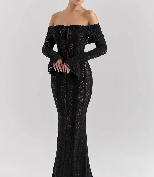 Black off-shoulder lace maxi dress with long fitted sleeves and train