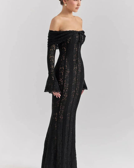 Side view of black lace off-shoulder maxi dress with bell sleeve detail