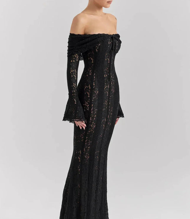 Side view of black lace off-shoulder maxi dress with bell sleeve detail