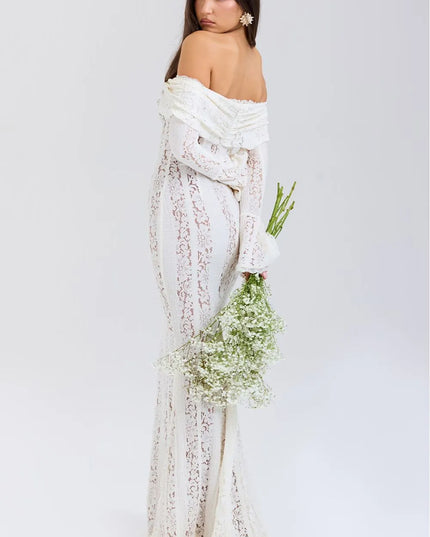 Ivory lace off-shoulder maxi dress with long sleeves and wrapped neckline