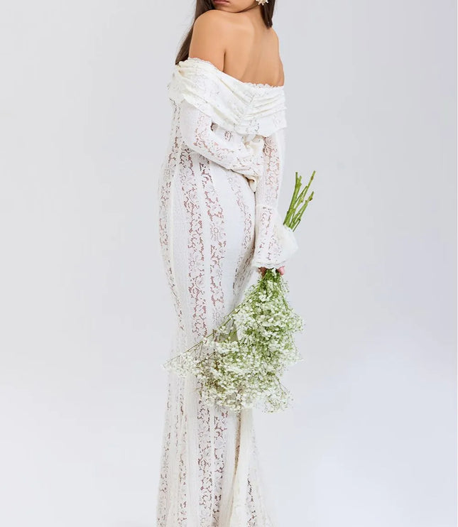 Ivory lace off-shoulder maxi dress with long sleeves and wrapped neckline