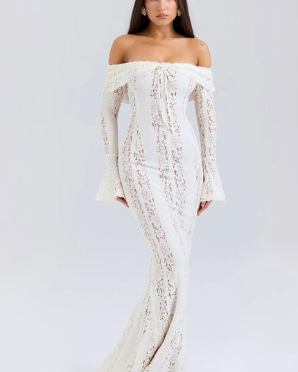 Cream lace off-shoulder maxi dress with bell sleeves and fitted bodice
