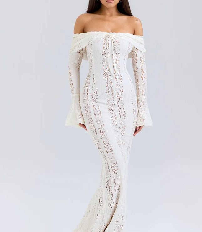 Cream lace off-shoulder maxi dress with bell sleeves and fitted bodice