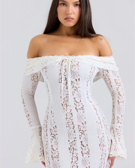 White lace off-shoulder maxi dress with long sleeves and draped neckline