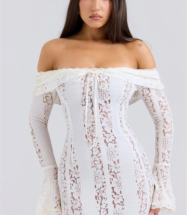 White lace off-shoulder maxi dress with long sleeves and draped neckline