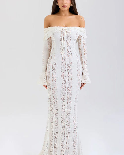 Ivory lace off-shoulder maxi dress with bell sleeves and sheer lace overlay