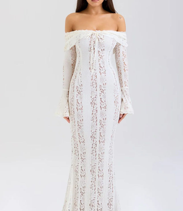 Ivory lace off-shoulder maxi dress with bell sleeves and sheer lace overlay