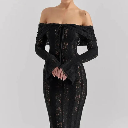 Black lace off-shoulder maxi dress with long sleeves and front tie detail