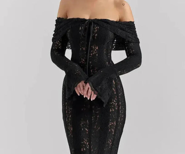 black dress with lace bell sleeves Women's Evening Off Shoulder Sleeve Maxi – Elysa Studio Corset size:0 Black Cardigan with Black Metallic Paint Size Chart