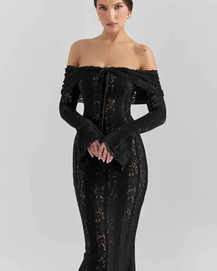 Black lace off-shoulder maxi dress with long sleeves and front tie detail