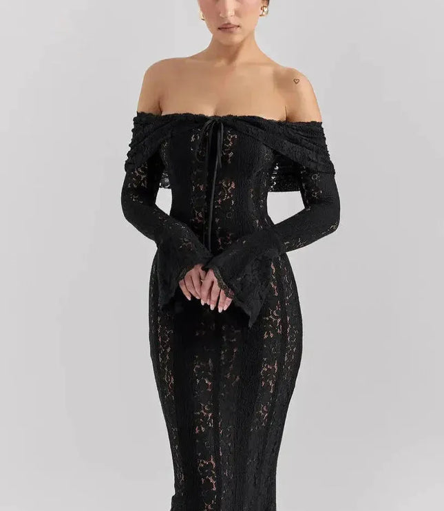 Black lace off-shoulder maxi dress with long sleeves and front tie detail